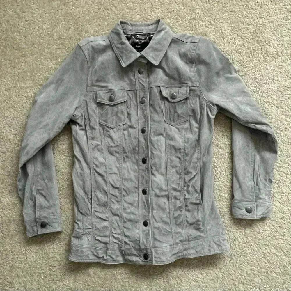 Dennis Basso Suede Leather Button Front Jacket Gray Women’s Size Medium Washable - Picture 11 of 16